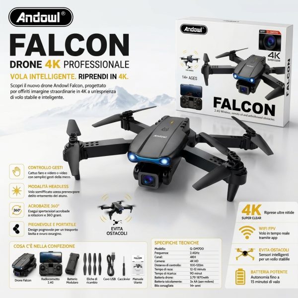 Drone Andowl Falcon 4K Dobrável com Câmara HD e Evitamento de Obstáculos (Q-DM700)
