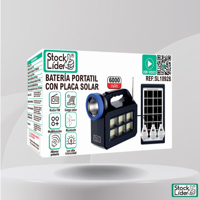 Estação de Energia Solar Portátil 6000 mAh com Rádio FM, Bluetooth e 3 Lâmpadas LED (20W)