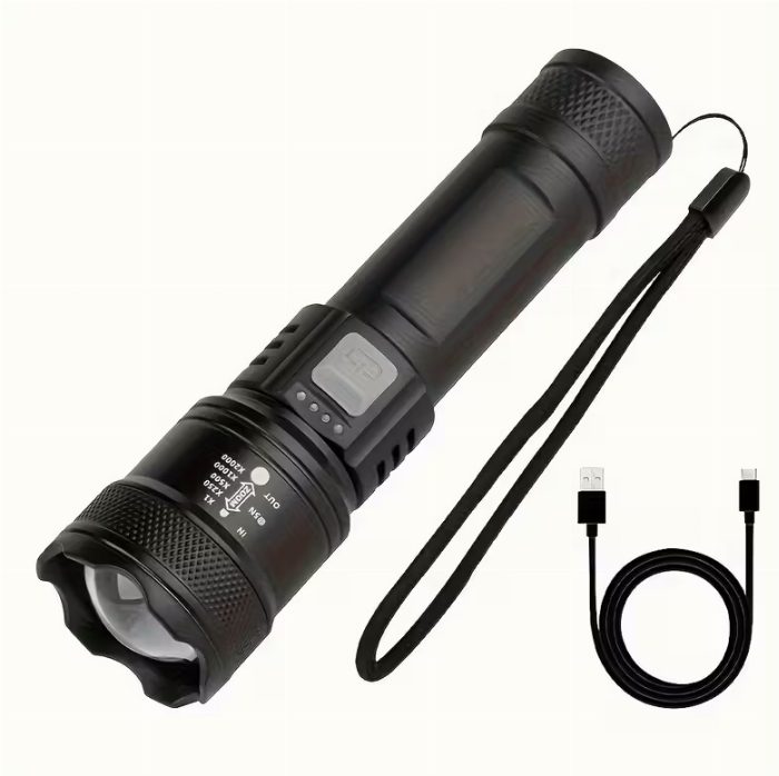 Lanterna LED Recarregável Portátil com Zoom Telescópico e Ecrã LED GL70081