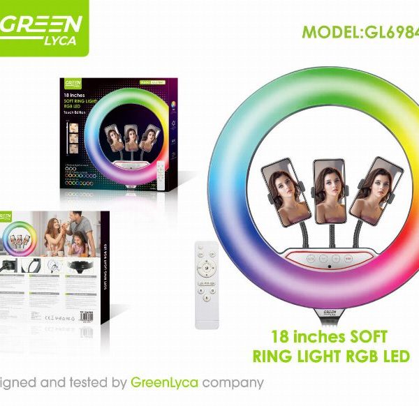 Ring Light LED de 18” com controlo tátil, suporte para telemóvel e tripé para fotografia e vídeo