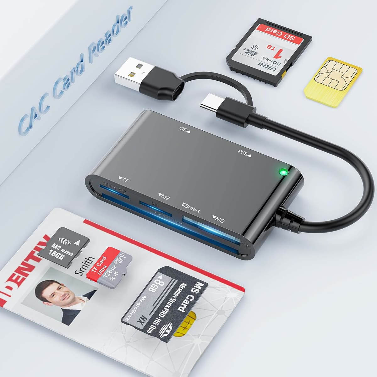 Leitor de Cartão de Cidadão 7 em 1 — SD, micro SD e SIM, USB-A e USB-C