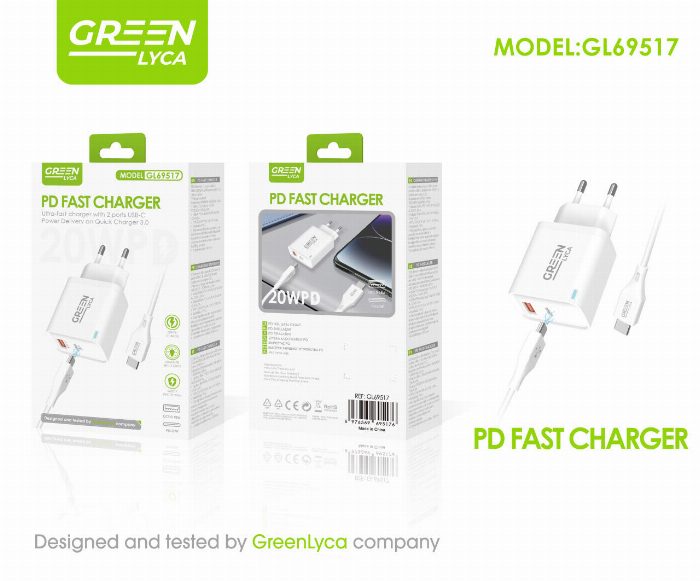 Carregador rápido 20W (USB-A + USB-C) com cabo USB-C para USB-C