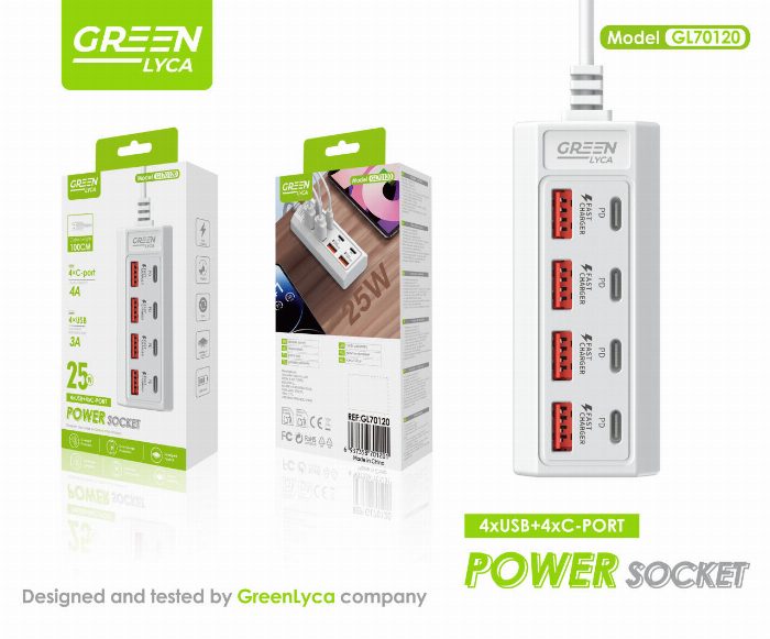 Carregador de tomada 25W com 8 portas USB (4x USB-C e 4x USB-A)