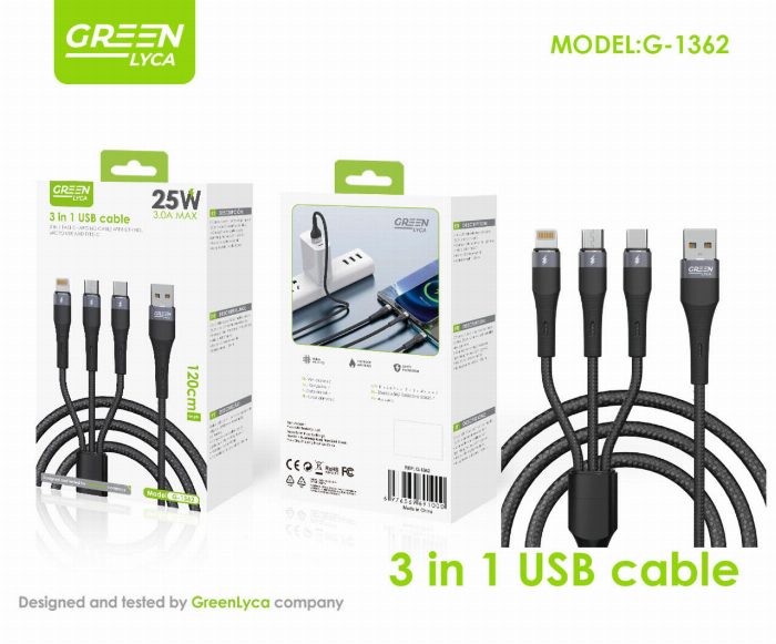 Cabo 3 em 1 (USB-A para Micro-USB / Lightning / USB-C)