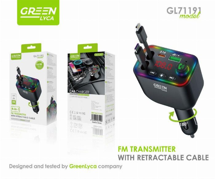Carregador de carro com transmissor FM Bluetooth e cabos retráteis (USB-C + Lightning)