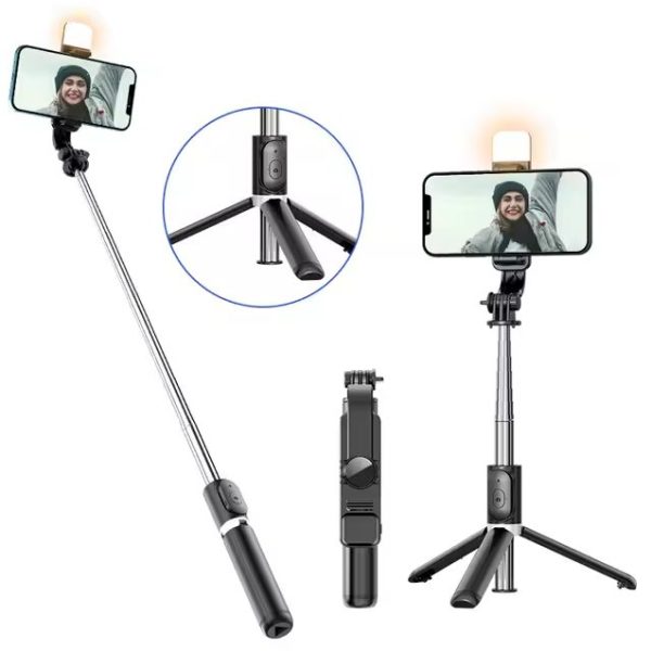 Tripé e selfie stick com luz e comando Bluetooth Q02S (104 cm)