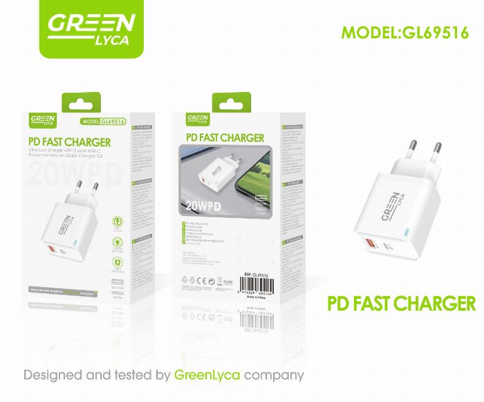 Carregador rápido 20W (USB-A + USB-C) com luz LED
