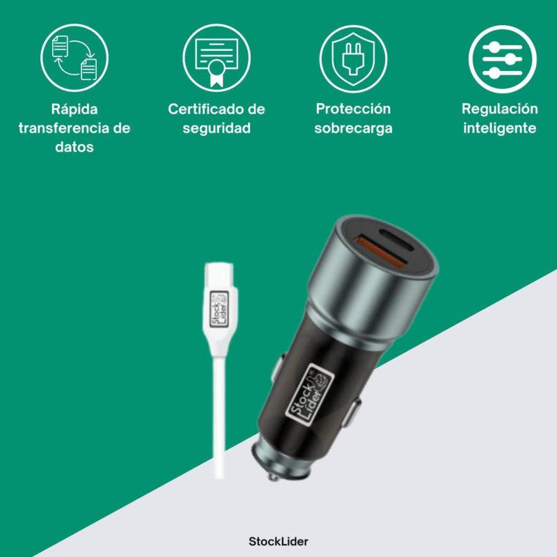 Carregador de carro USB e tipo C com cabo