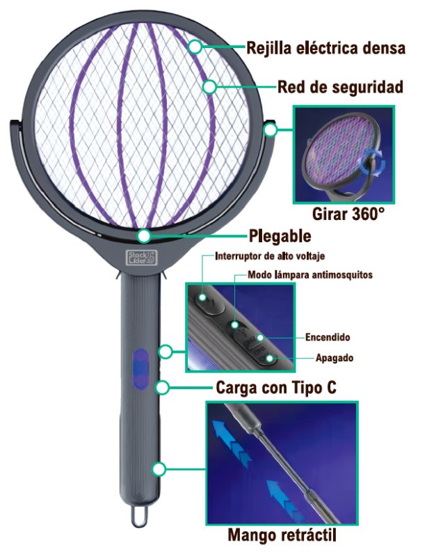 Raquete mata-moscas elétrica recarregável